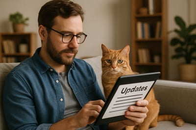 Cat owner reading updates on a tablet with a cat nearby